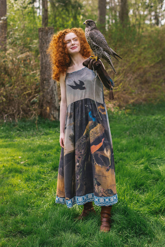 Wild Beauty Bohéme Long Slip Dress w/ Peacock Birds & Floral
