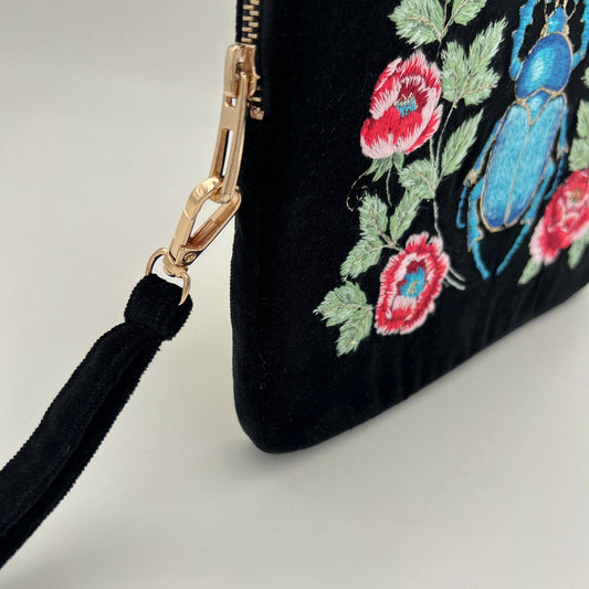 Beetle and Flowers - Sanctuary Embroidered Velvet Everything Pouch