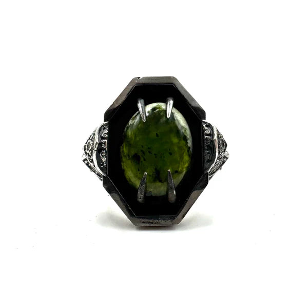 Green Knight Ring with Chrome Chalcedony and Garnet in Sterling Silver