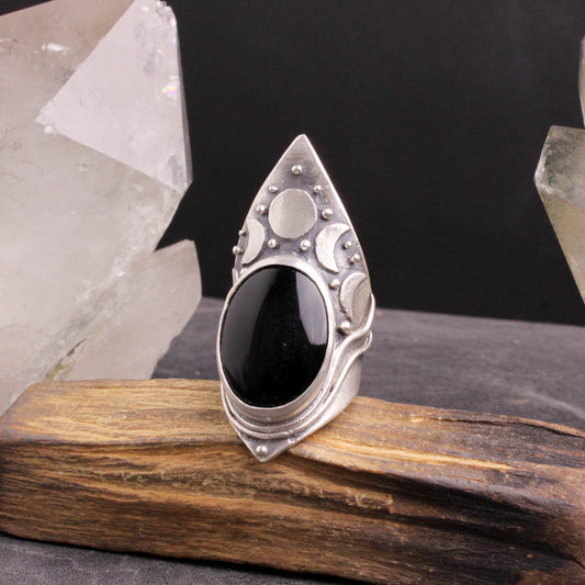 Moon Phase Shield Ring with Black Onyx by Acid Queen Jewelry