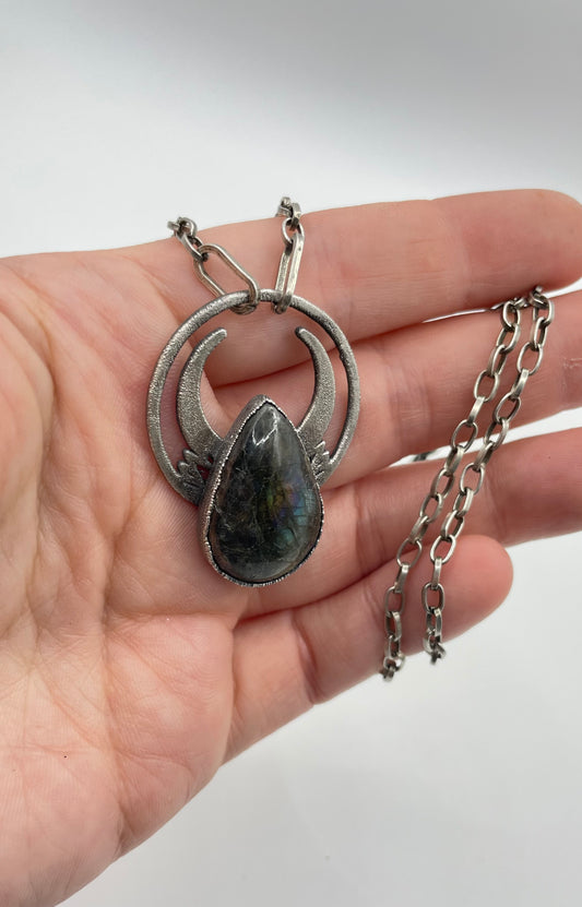 Teardrop Labradorite and Sterling Silver Crescent Necklace by Inex Jewelry