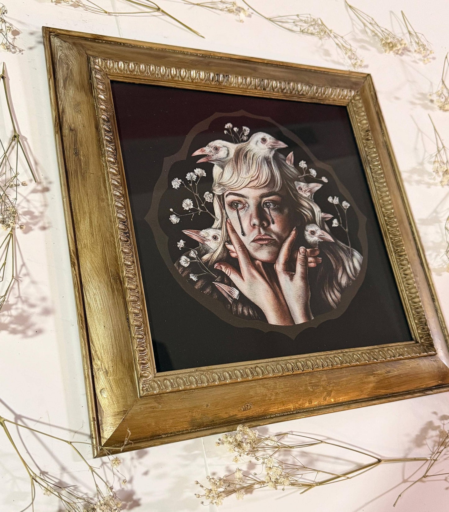 Framed Gothic Crow & Baby's Breath Watercolor Art