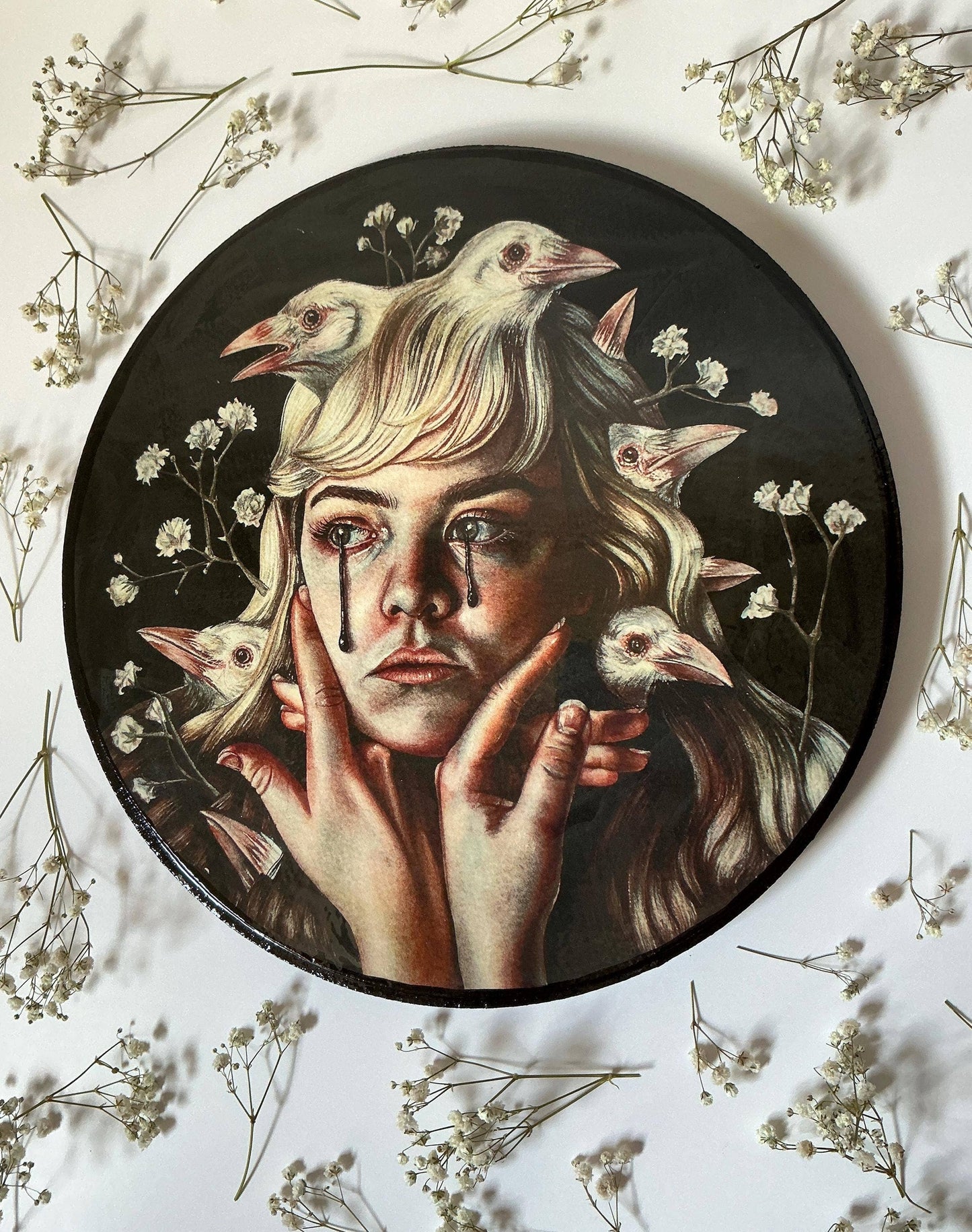 White Crows Watercolor Rose on Wood Panel - Dark Surrealism