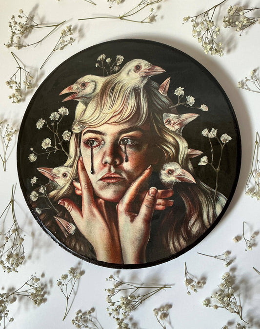 White Crows Watercolor Rose on Wood Panel - Dark Surrealism