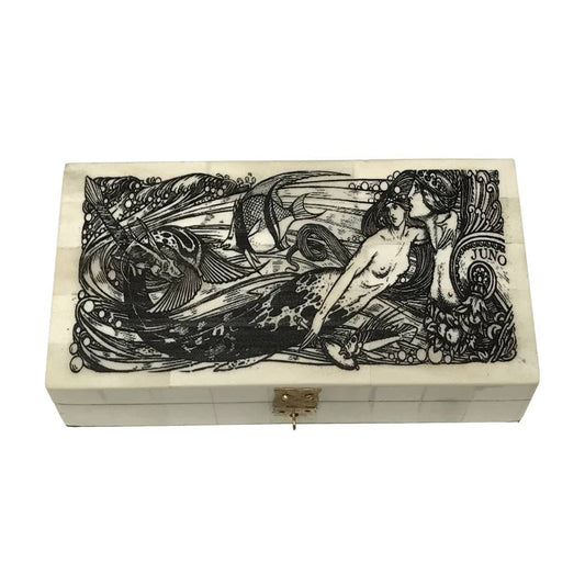 Mermaid w/ Goddess Juno Engraved Bone Box, 6-1/4”