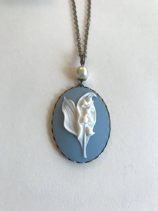 Blue Lily Of The Valley Cameo Necklace