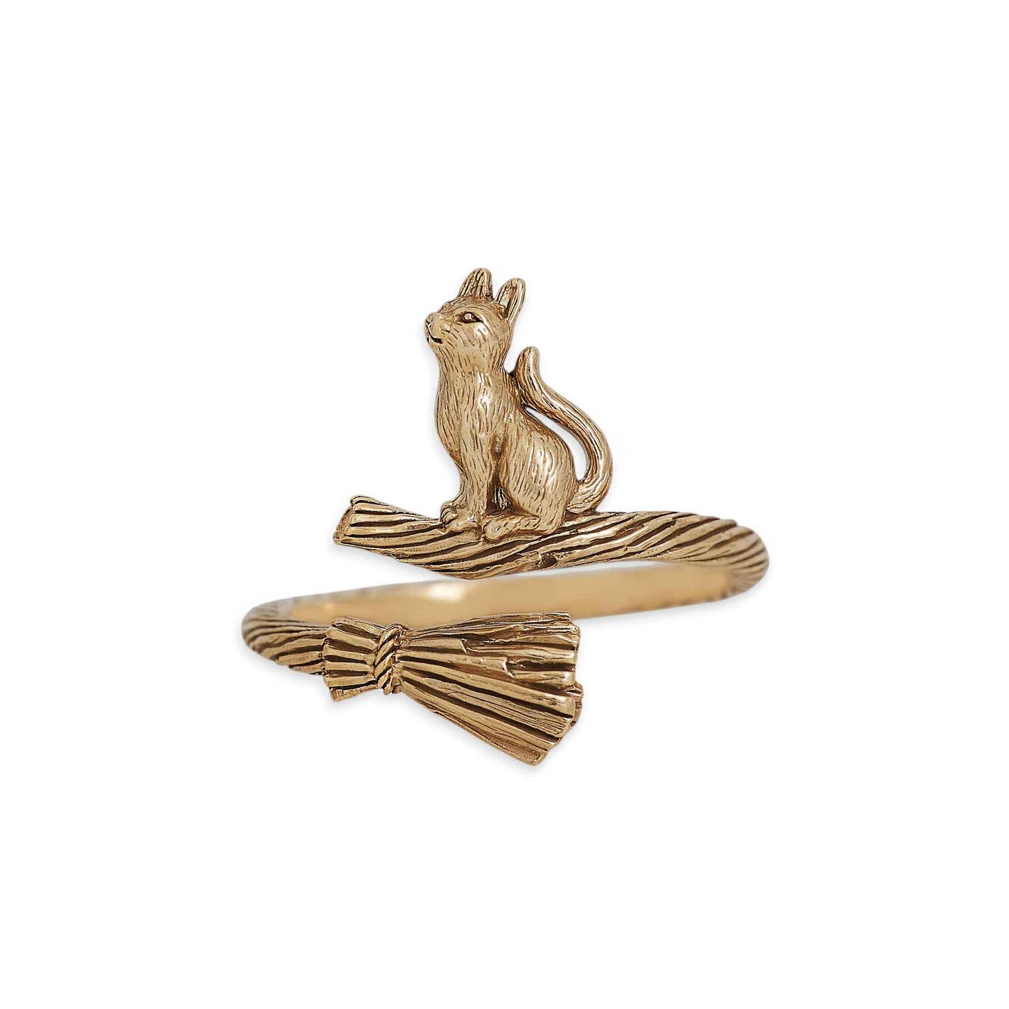 Bronze Adjustable Cat on Broomstick Ring