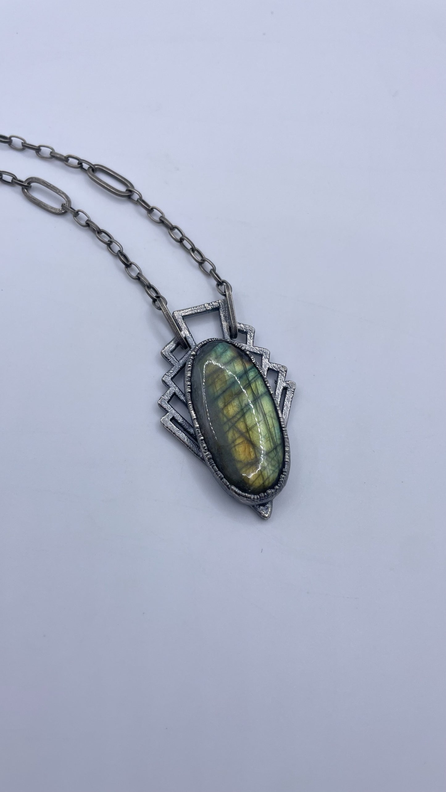 Labradorite Oval with Art Deco Details Sterling Silver Necklace by Inex Jewelry