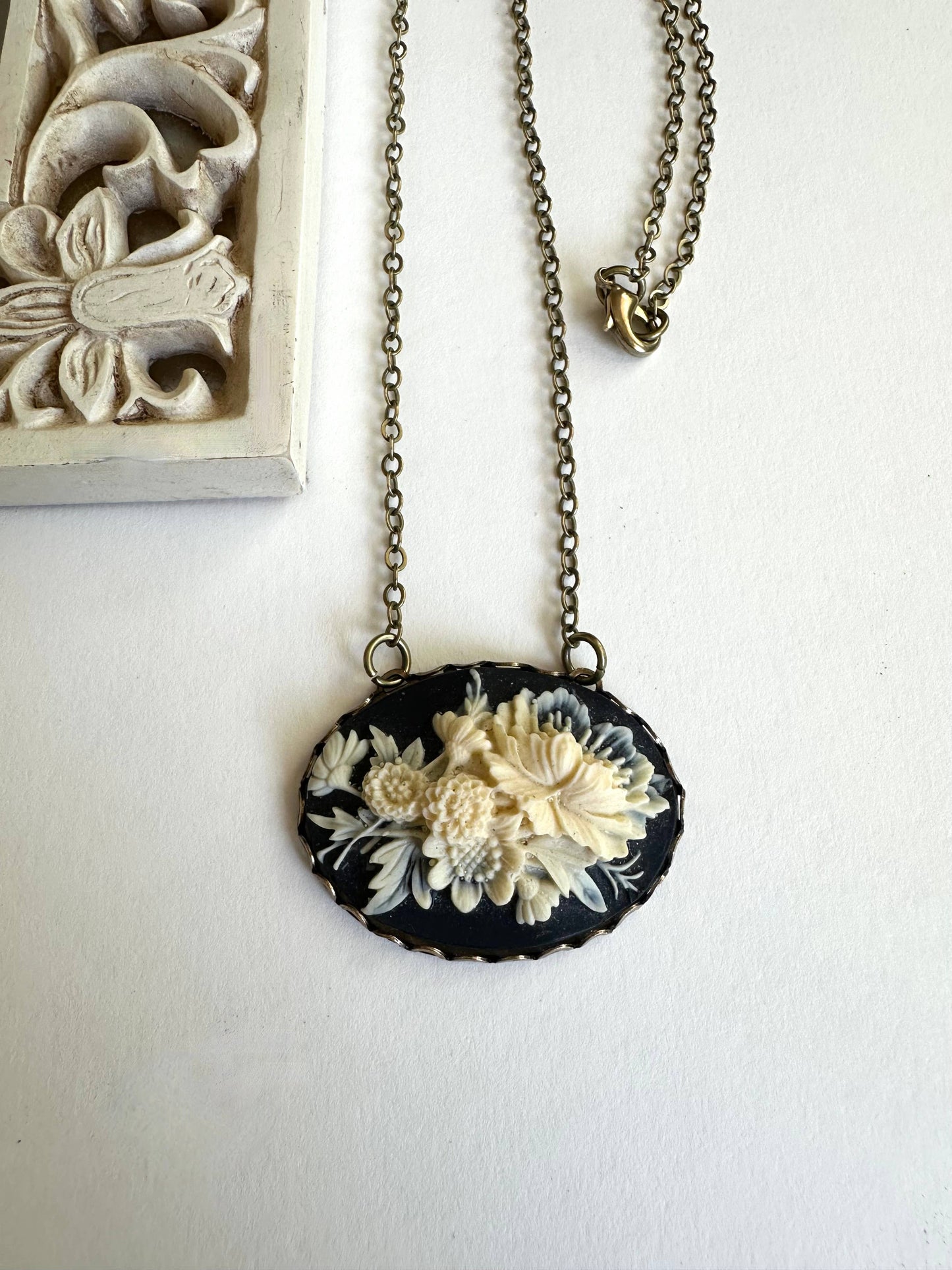 Black Floral Cameo Necklace