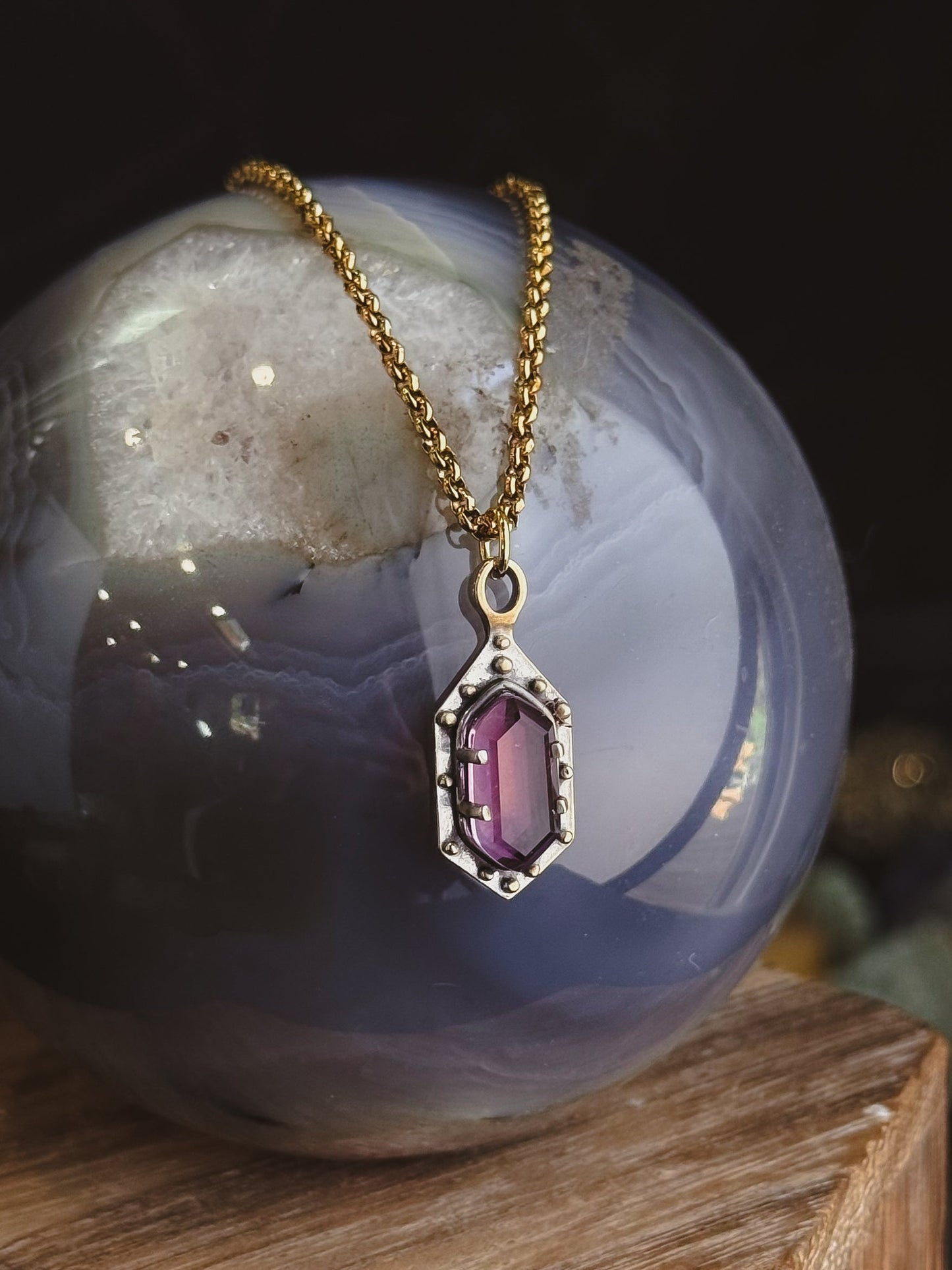 Maiden Shield Hex Brass Necklace Amethyst by Acid Queen