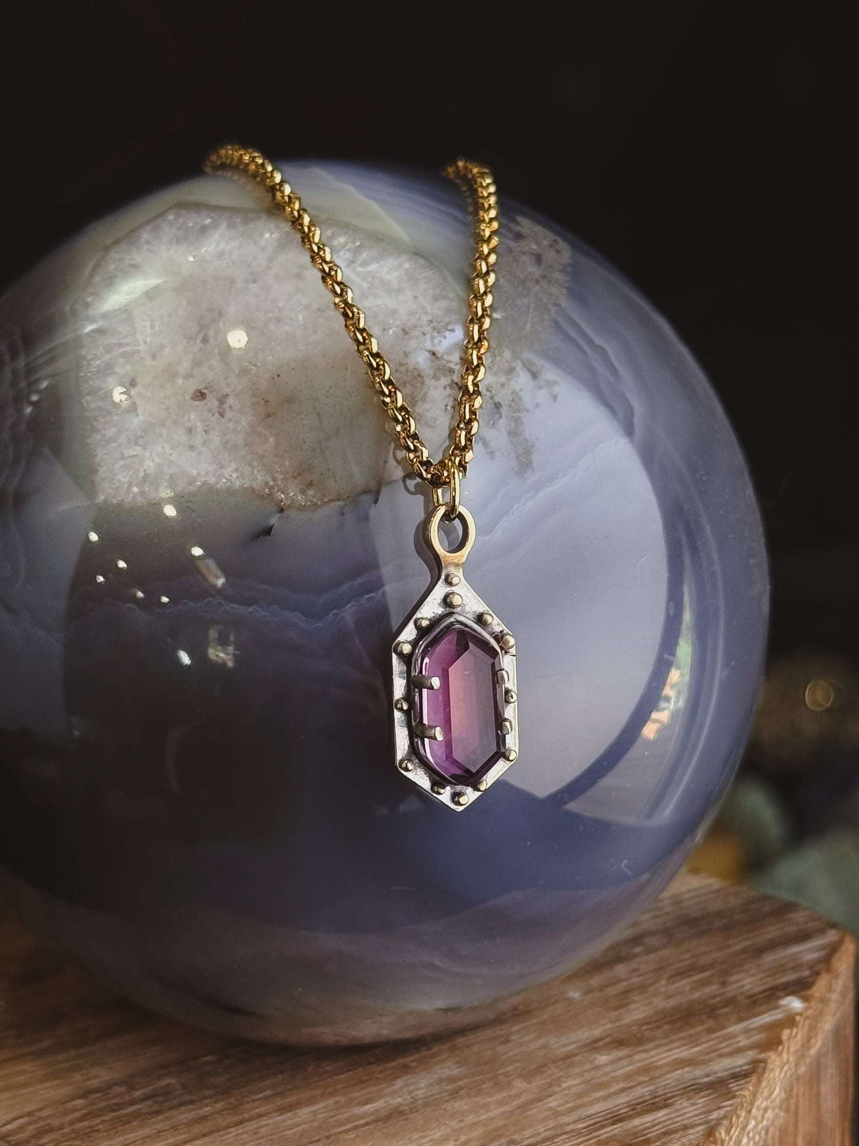 Maiden Shield Hex Brass Necklace Amethyst by Acid Queen