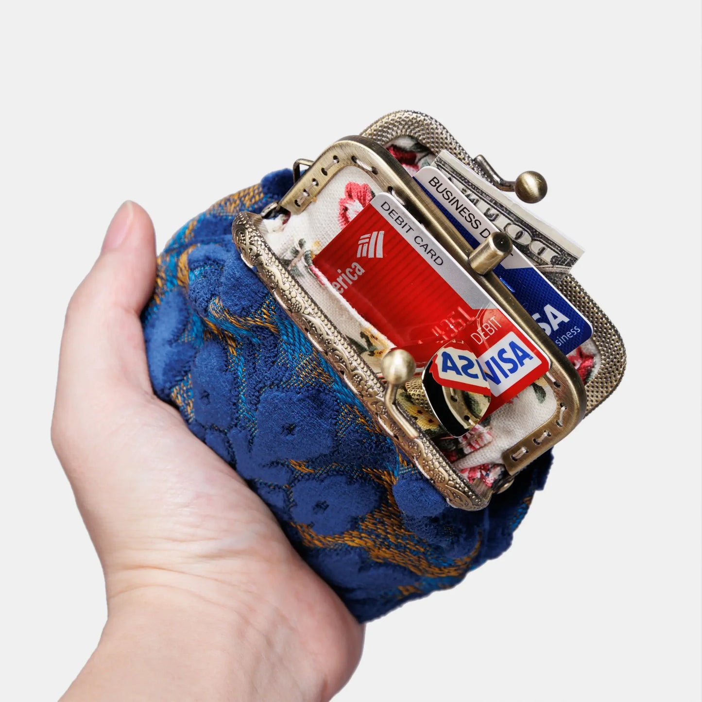 Burnout Velvet Navy Double Kiss Clasp Coin Purse