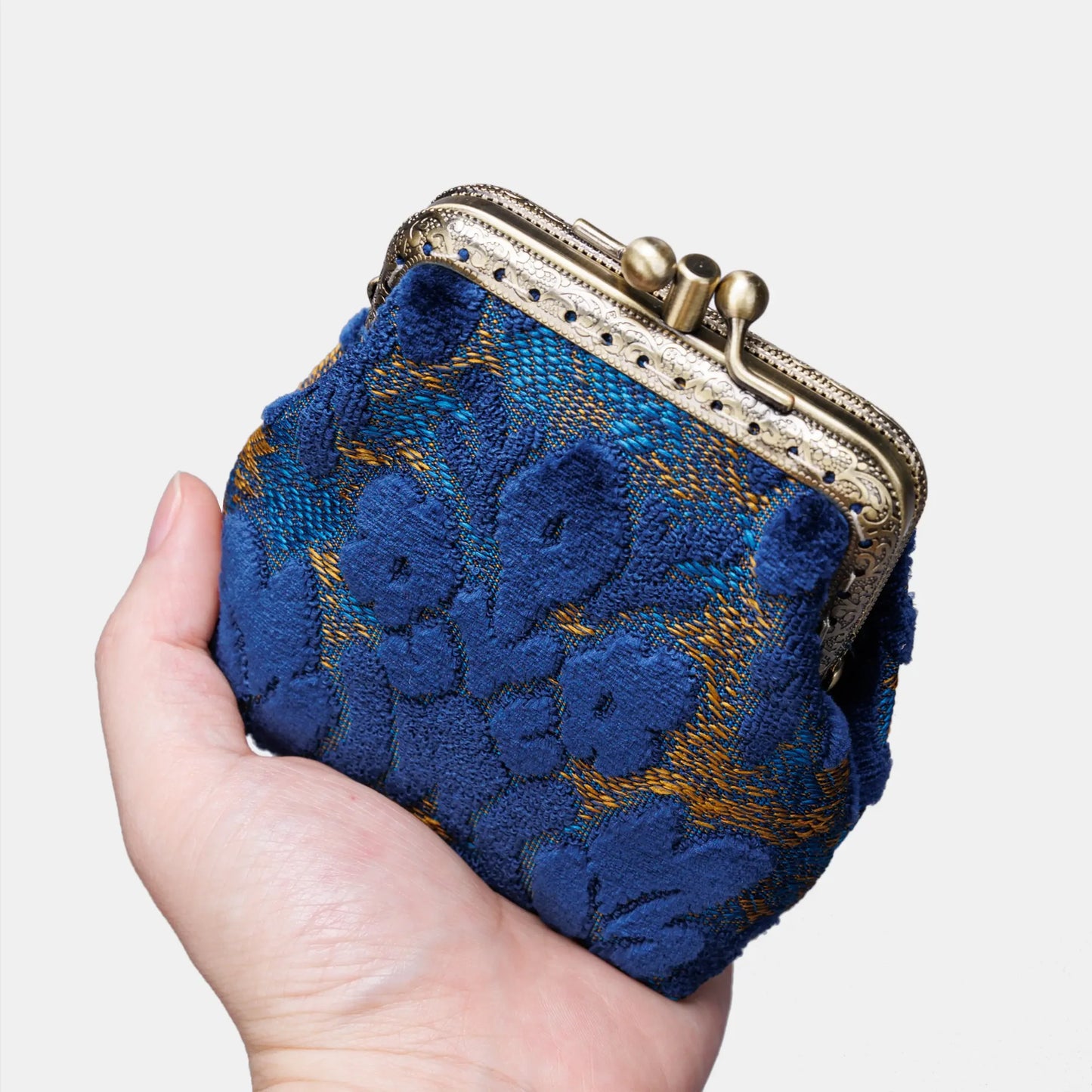 Burnout Velvet Navy Double Kiss Clasp Coin Purse