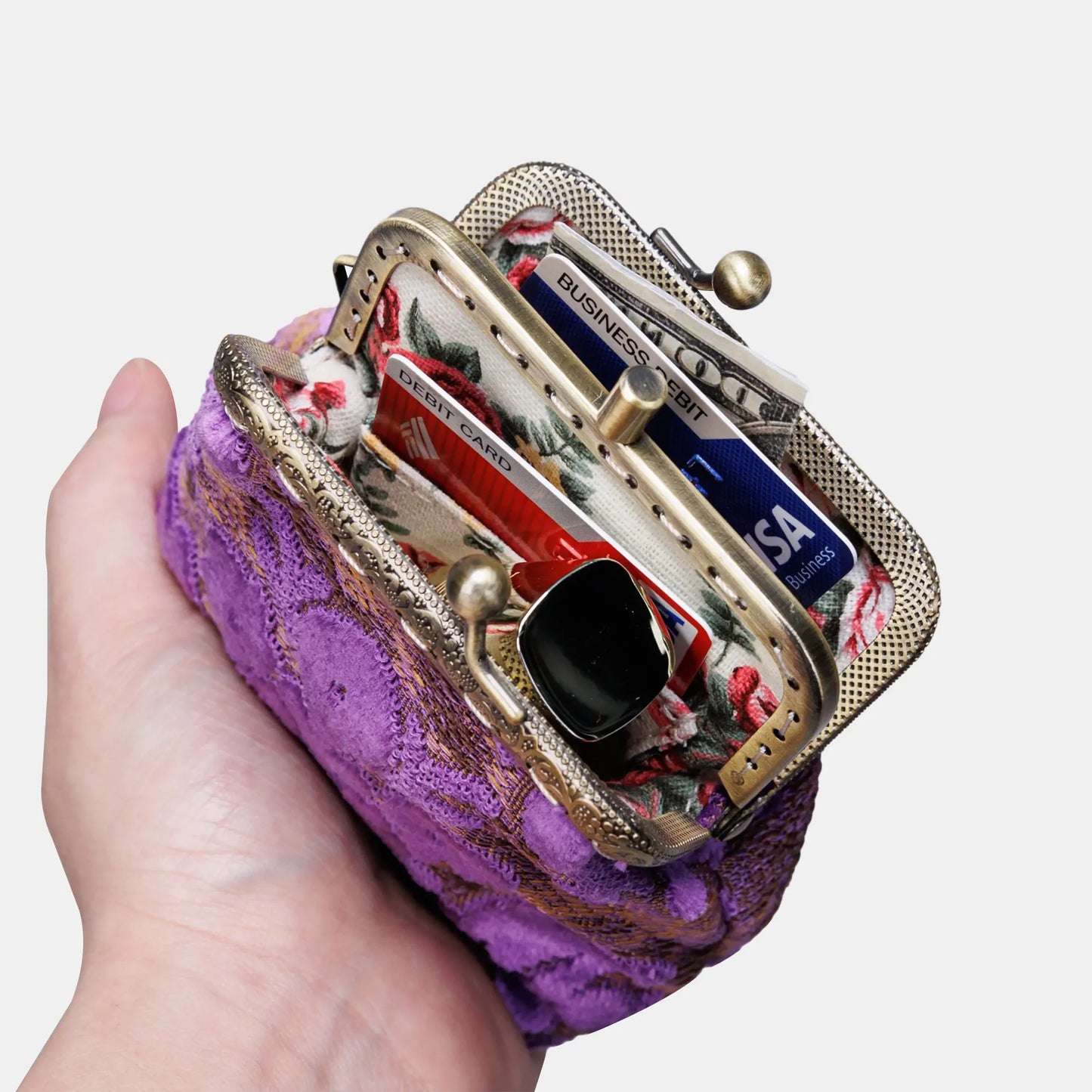 Burnout Velvet Purple Double Kiss Clasp Coin Purse