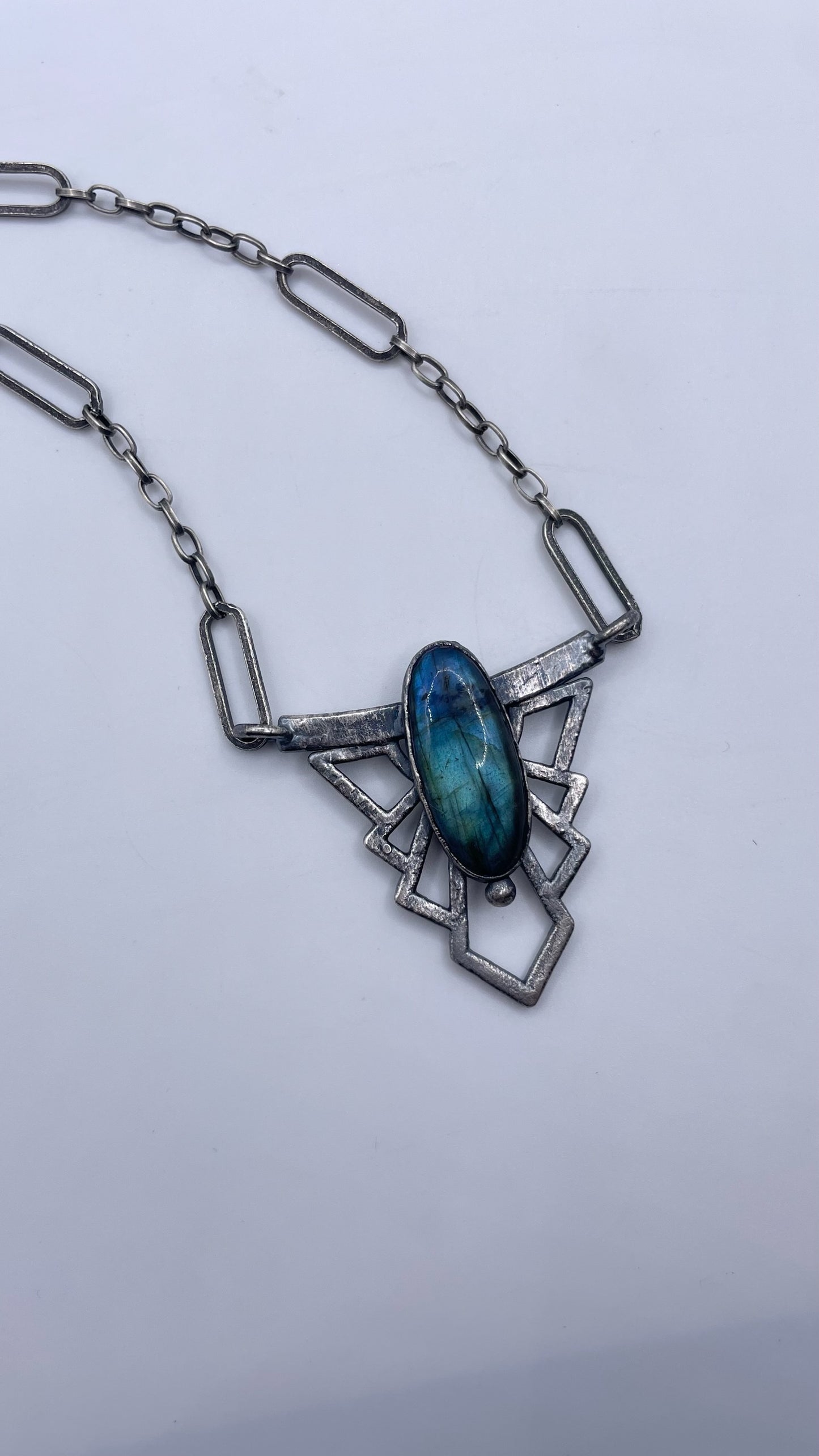 Blue Labradorite Choker with Art Deco Detail Sterling Silver Necklace by Inex Jewelry