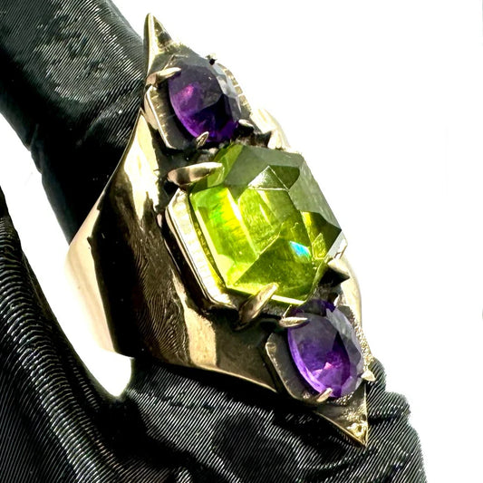 Mage’s Wrath Bronze Amethyst and Peridot Brutalist Ring