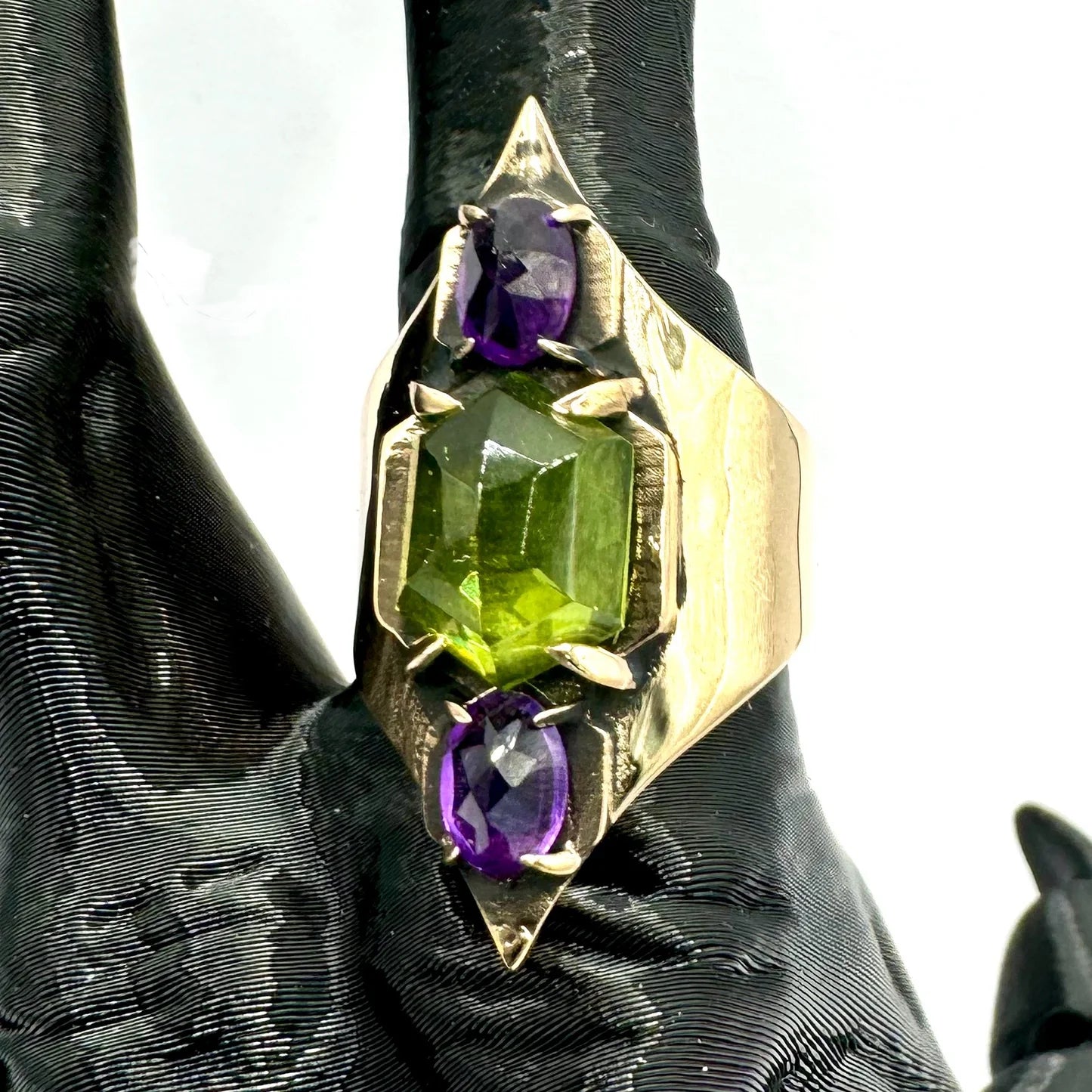 Mage’s Wrath Bronze Amethyst and Peridot Brutalist Ring