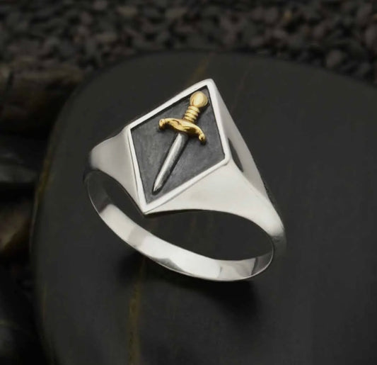 Sword Signet Ring in Sterling Silver with Bronze Accents