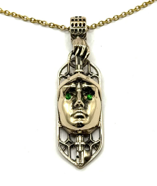 Small Effigy Pendant with Tsavorite Green Garnet Necklace in Bronze by Julian the 2nd