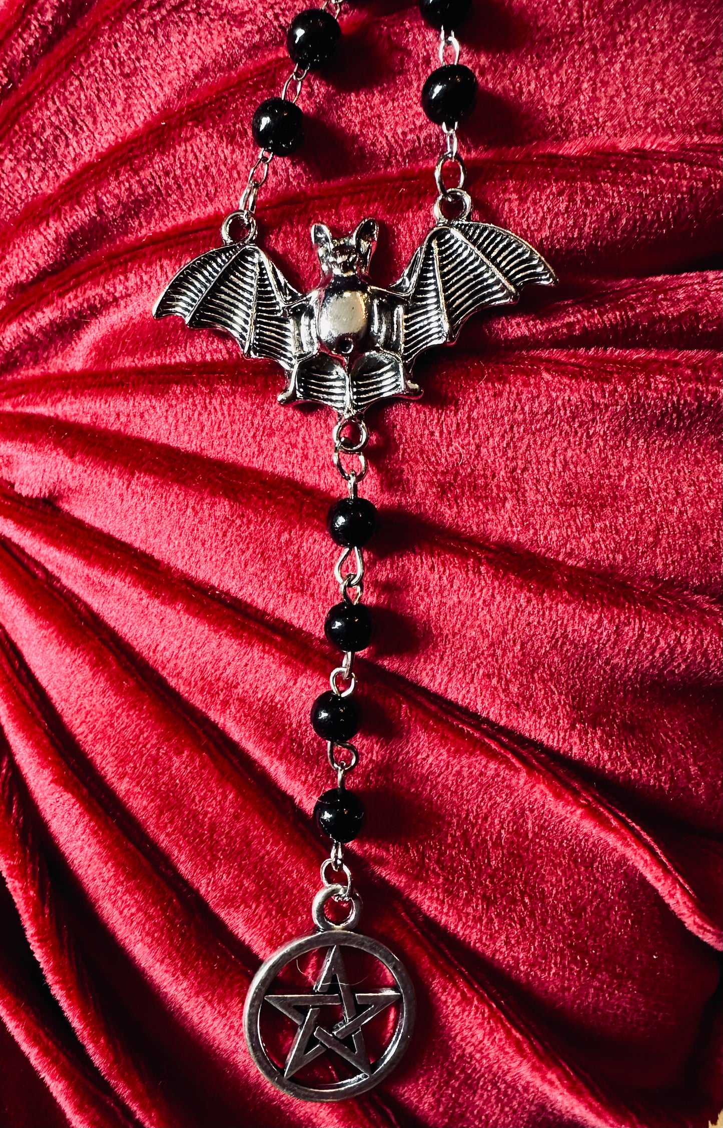 Bat and Pentagram Black Rosary Necklace