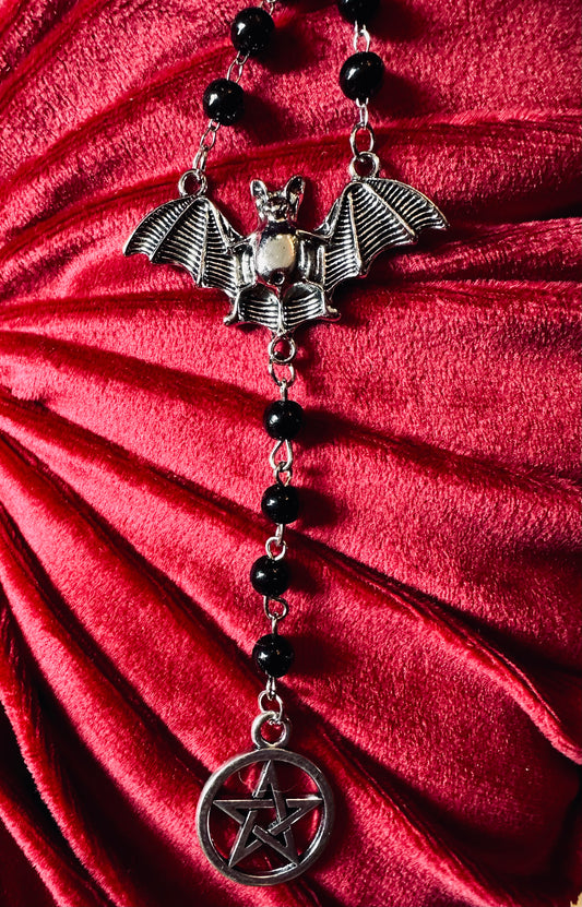 Bat and Pentagram Black Rosary Necklace