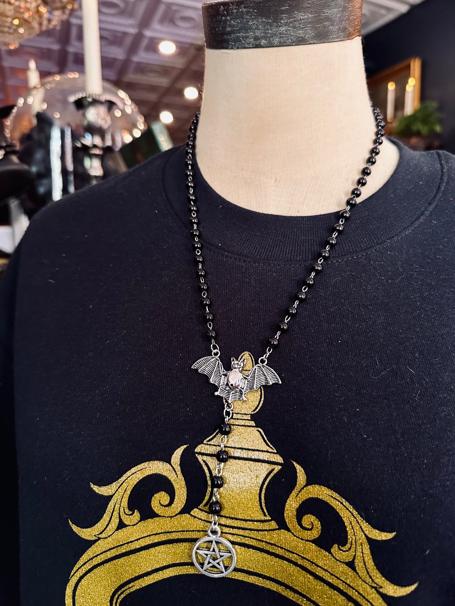 Bat and Pentagram Black Rosary Necklace