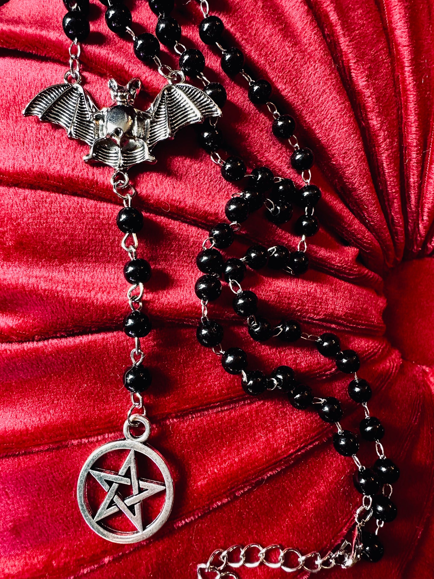 Bat and Pentagram Black Rosary Necklace