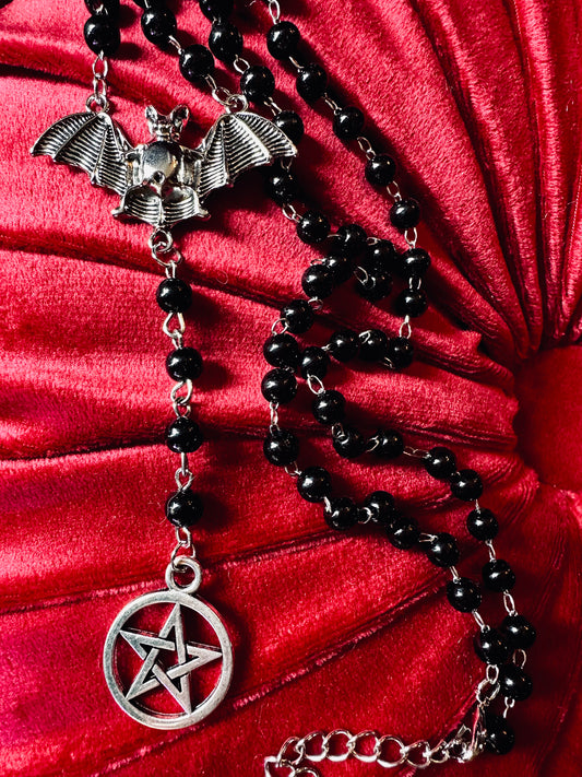 Bat and Pentagram Black Rosary Necklace