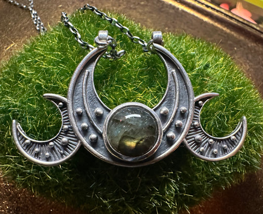 Triple Moon Goddess Necklace by Acid Queen Jewelry // Sterling Silver & Labradorite
