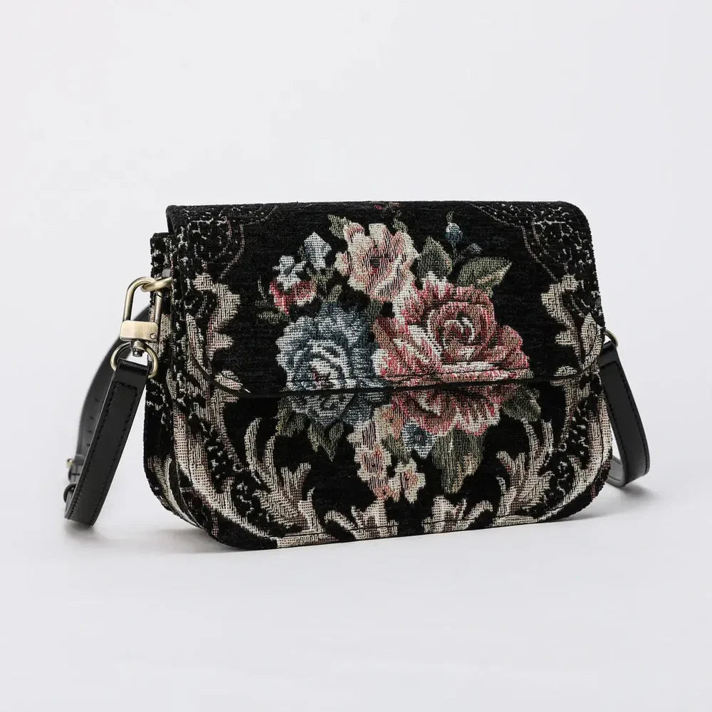 Floral Black Flap Crossbody Bag