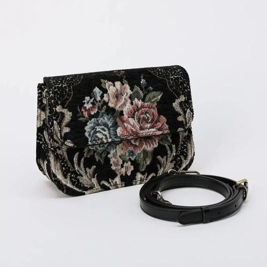 Floral Black Flap Crossbody Bag