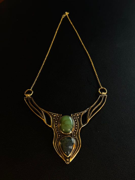 Nimue Cuff Chrysoprase + Moss Agate Necklace in Bronze