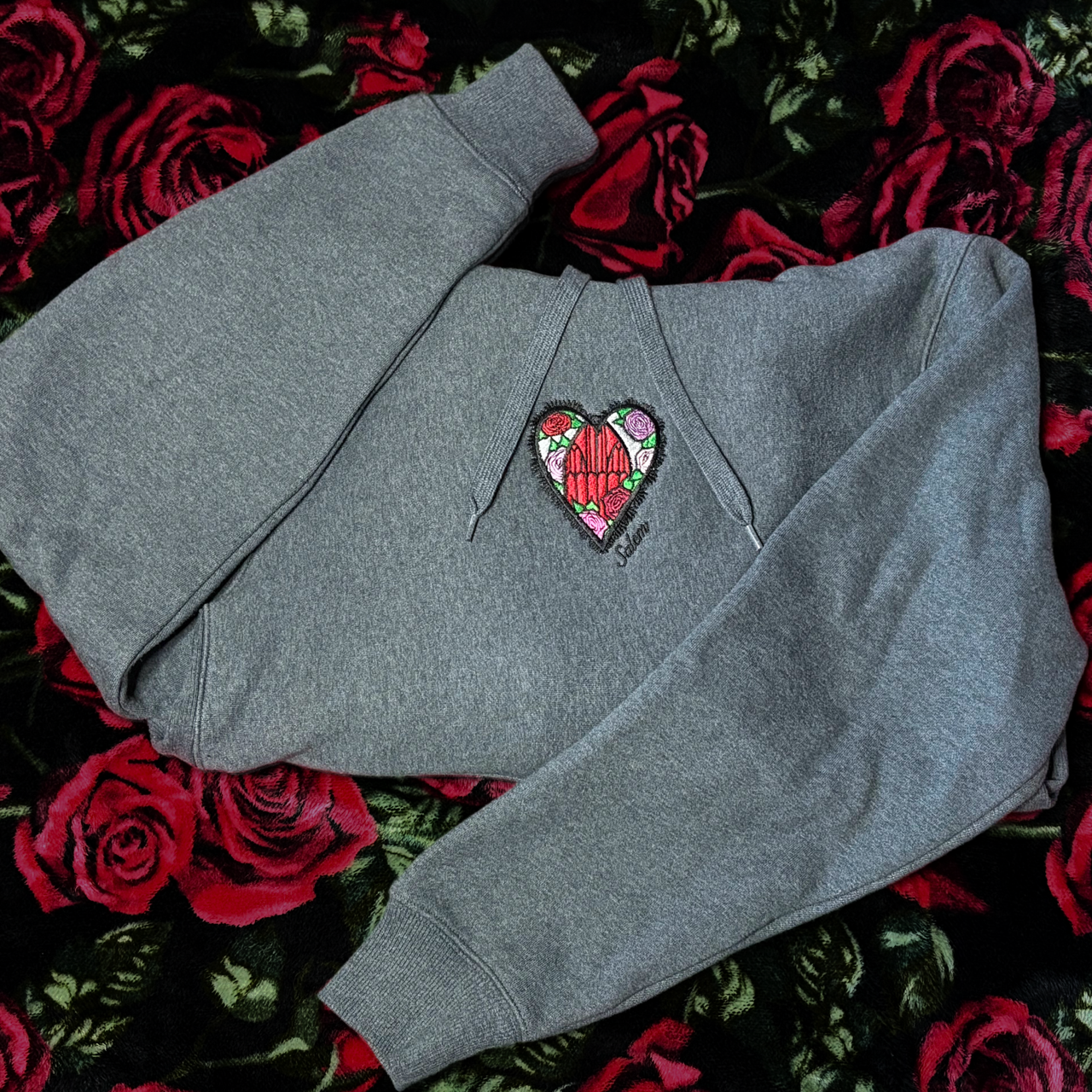 Grey Embroidered Salem Heart Hoodie by XO Ash