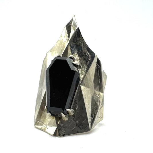 Black Onyx Coffin Faceted Brutalist Ring In White Bronze by Julian the 2nd
