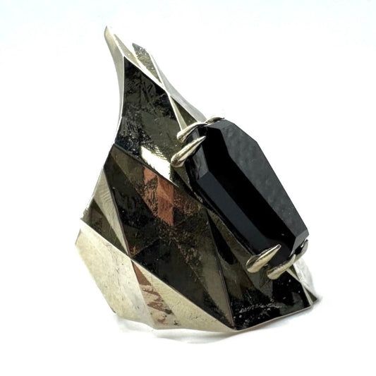 Black Onyx Coffin Faceted Brutalist Ring In White Bronze by Julian the 2nd