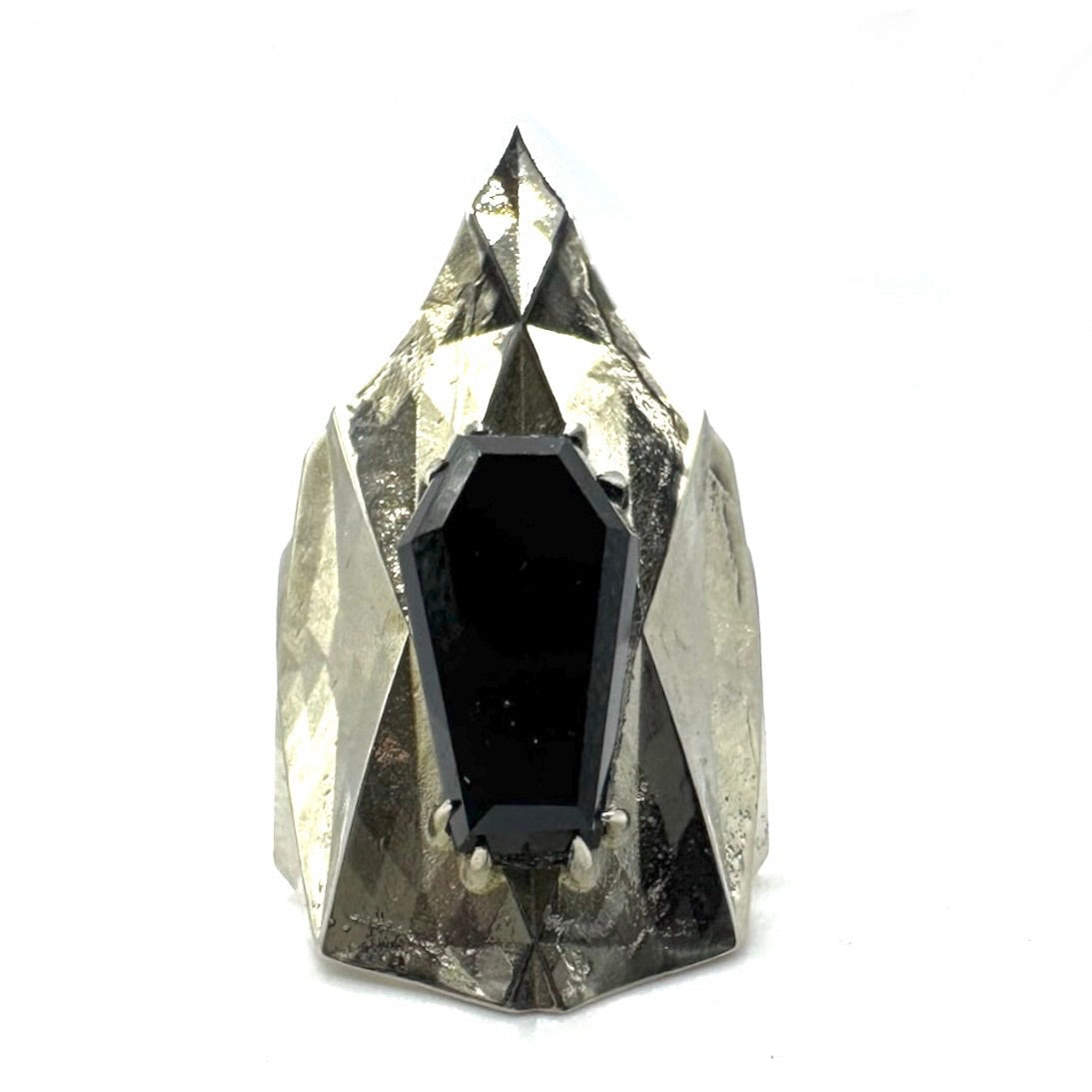 Black Onyx Coffin Faceted Brutalist Ring In White Bronze by Julian the 2nd