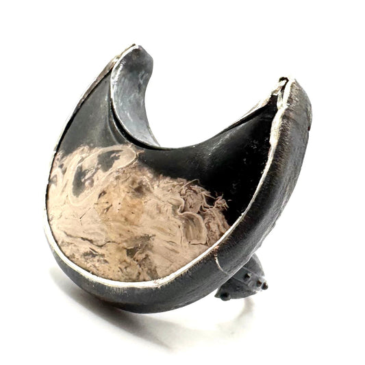Hierophant Ring Petrified Wood Crescent Moon in Sterling Silver by Julian the 2nd