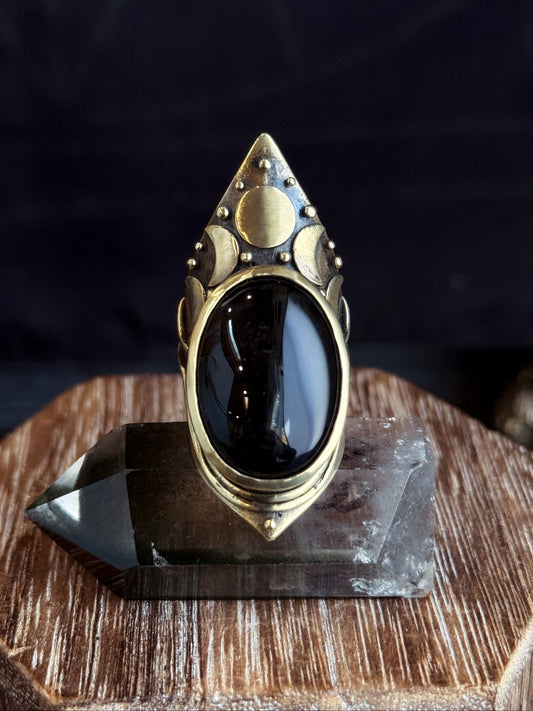 Brass Moon Phase Shield Ring with Black Onyx by Acid Queen