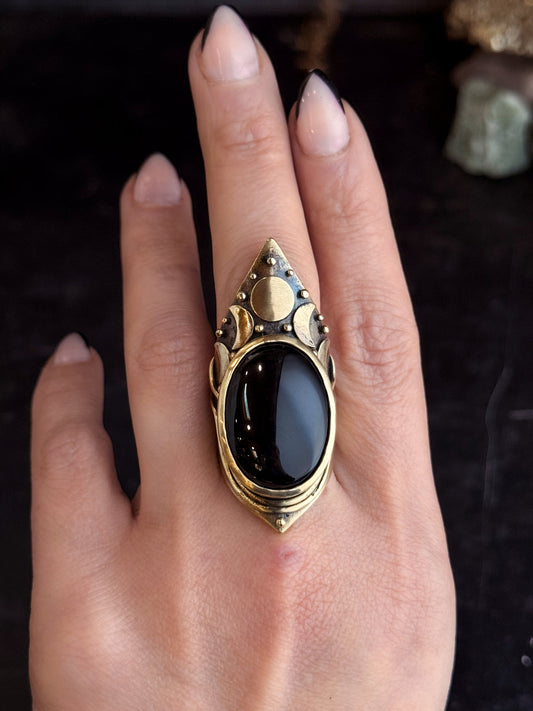 Brass Moon Phase Shield Ring with Black Onyx by Acid Queen