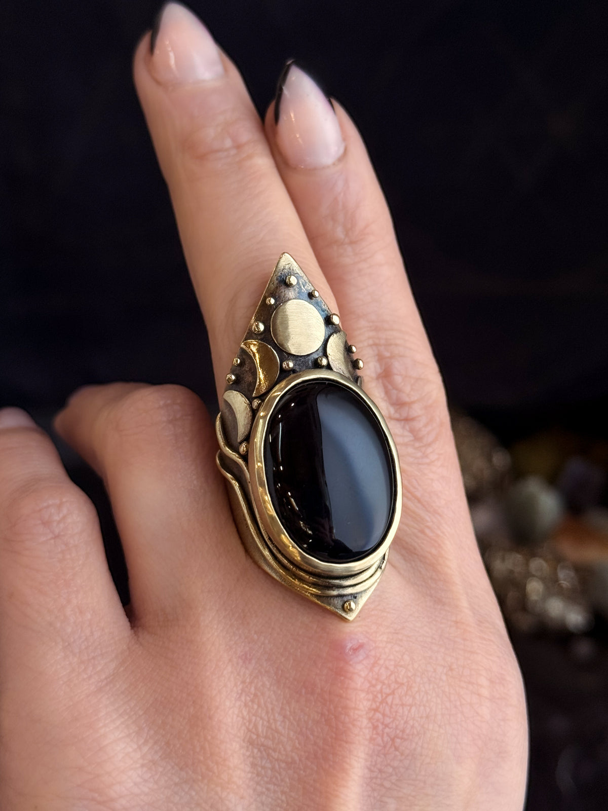 Brass Moon Phase Shield Ring with Black Onyx by Acid Queen