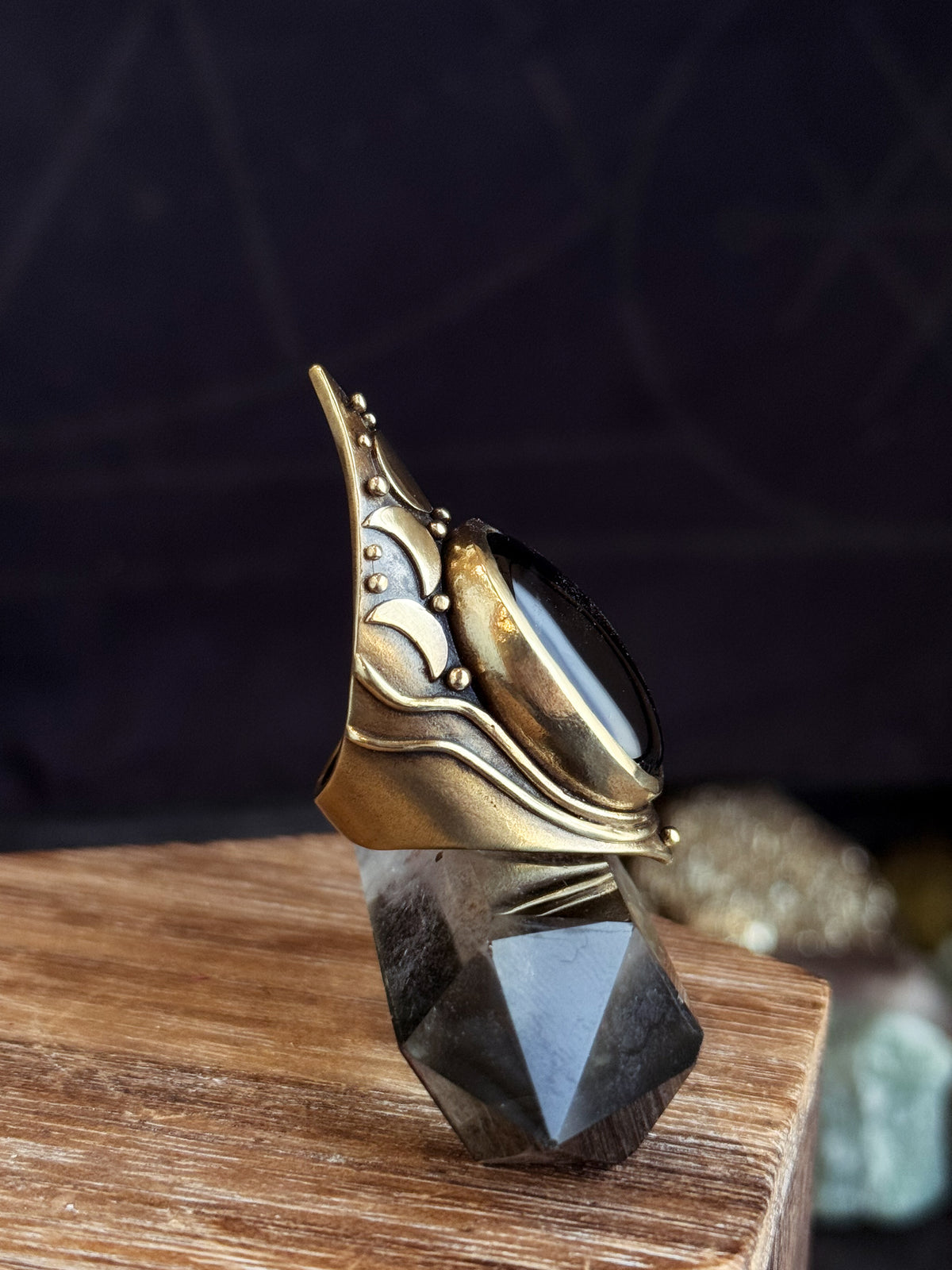 Brass Moon Phase Shield Ring with Black Onyx by Acid Queen