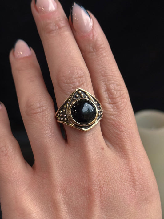 Brass Draco Ring with Black Onyx by Acid Queen