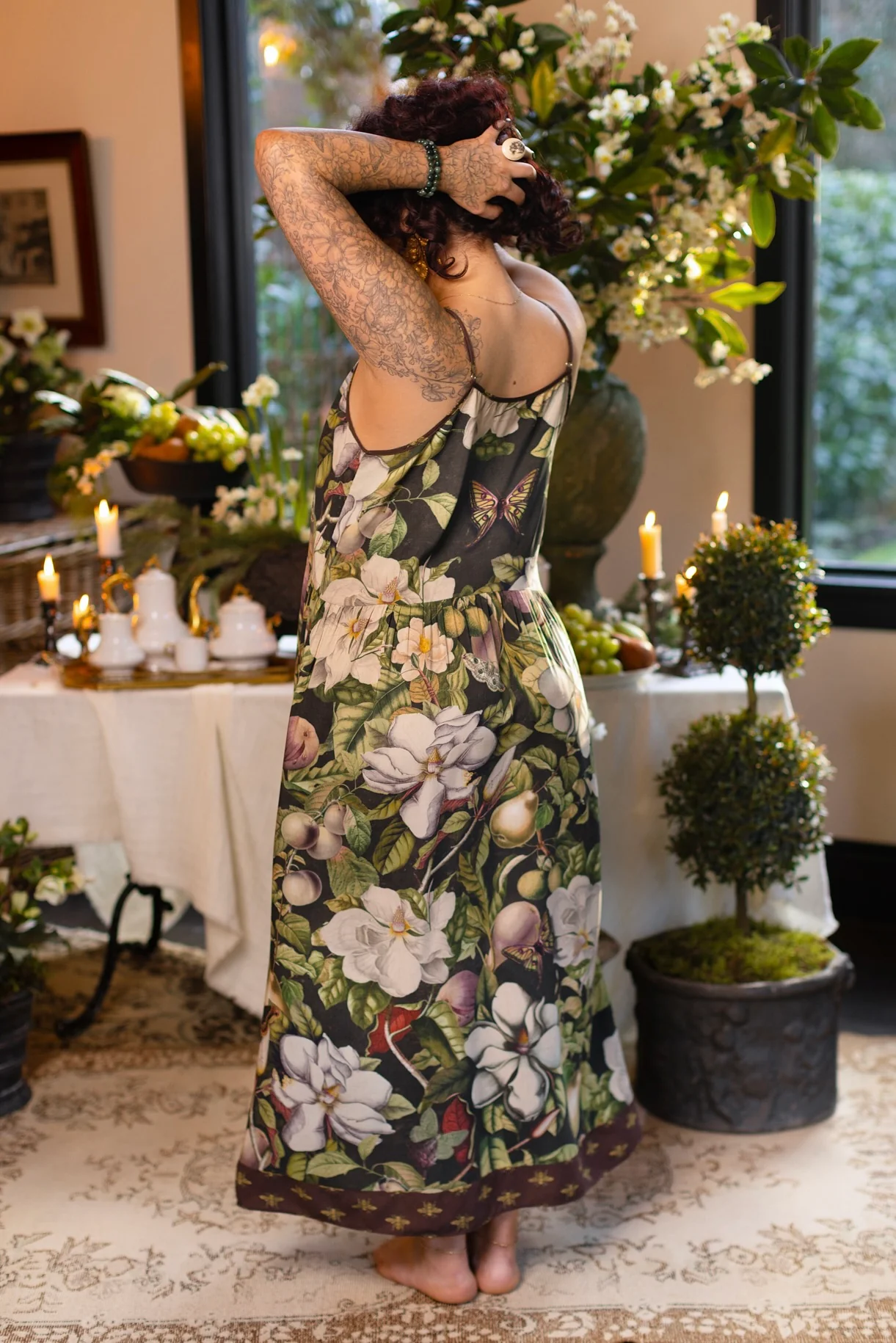 Fleur De Lune Bohéme Maxi Slip Dress w/ Florals & Bees