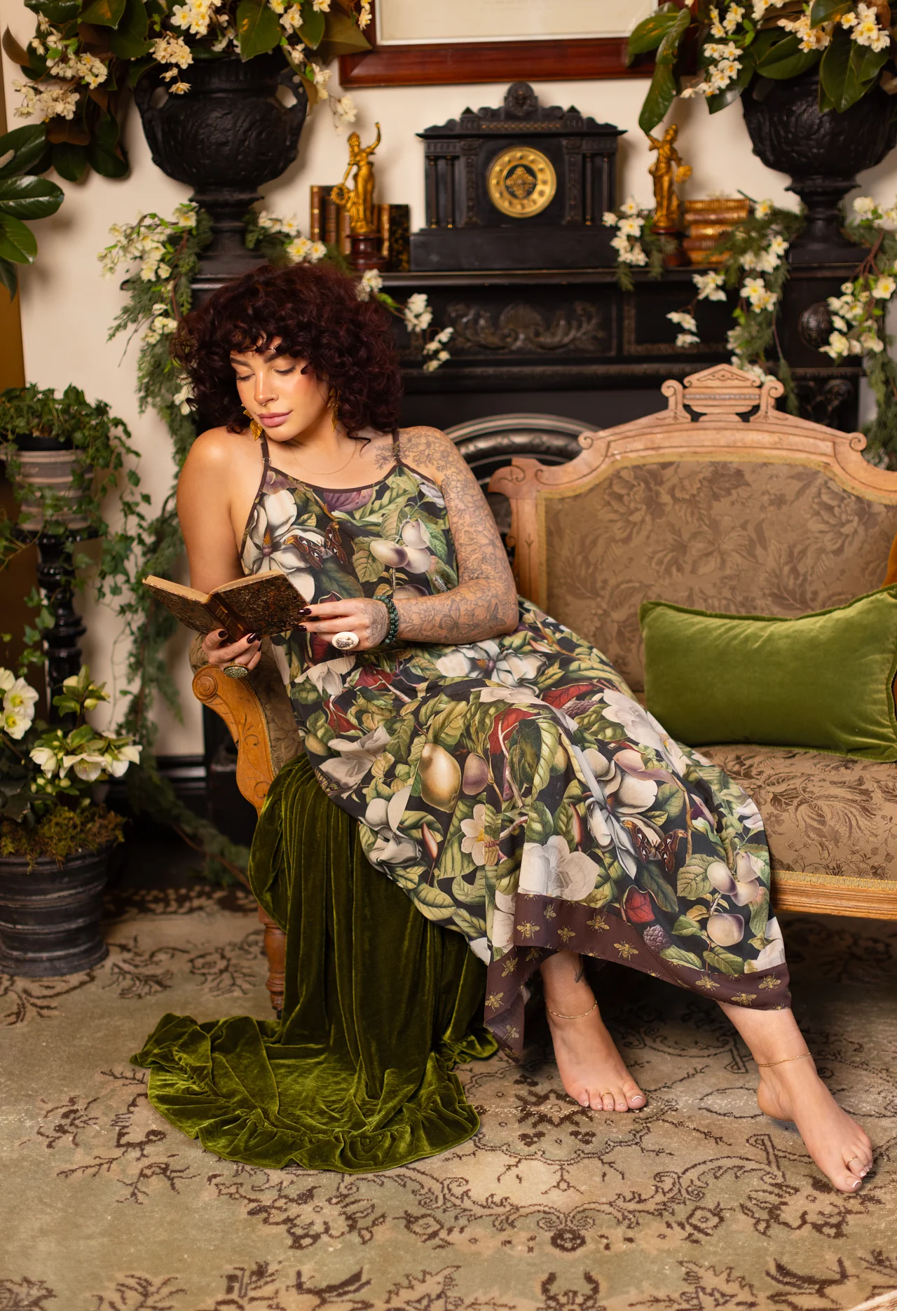 Fleur De Lune Bohéme Maxi Slip Dress w/ Florals & Bees