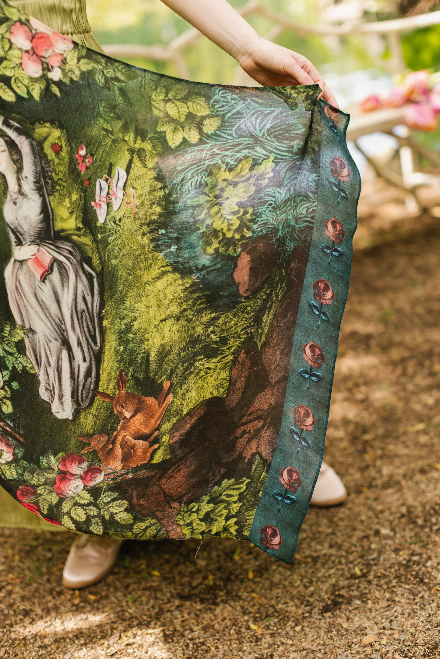 The Daydreamer Bohemian Scarf w/ Sleeping Beauty, Roses & Rabbits