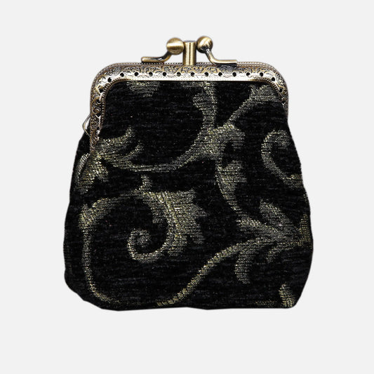 Vintage Scroll Black/Gold Double Kiss Clasp Coin Purse