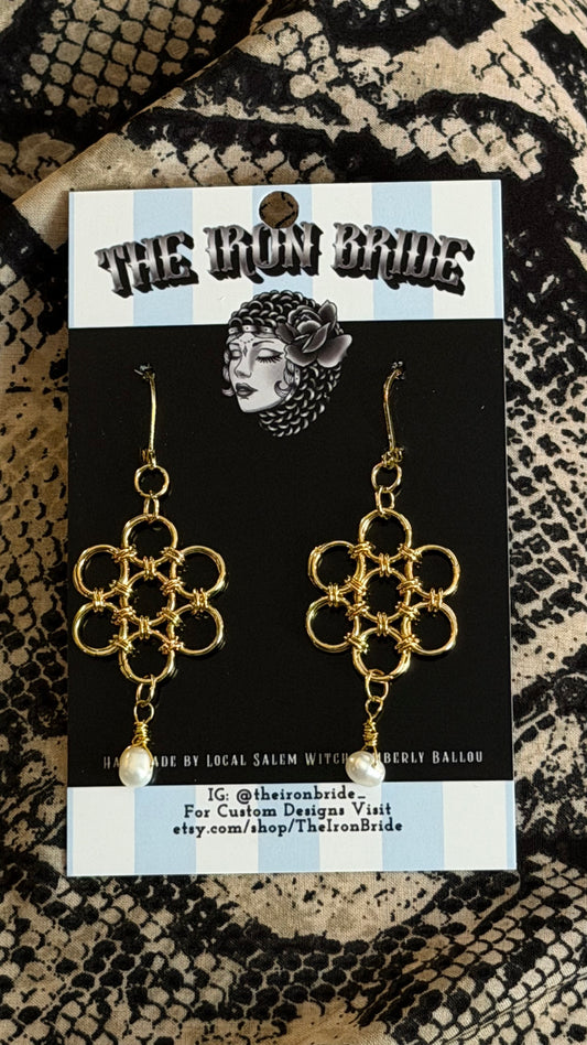 Chainmail Flower Pearl Earrings by The Iron Bride