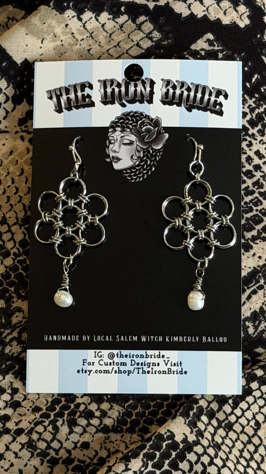 Chainmail Flower Pearl Earrings by The Iron Bride