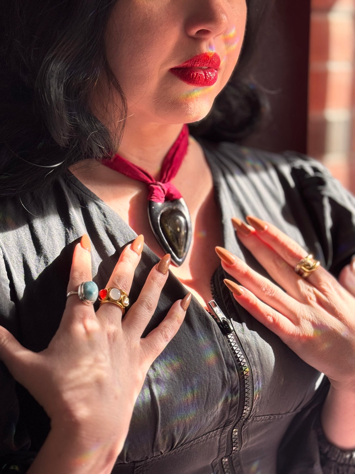 Teardrop Black Obsidian Talisman on Natural Red Silk Ribbon Necklace  | Handmade, Lightweight, Allergen-Friendly