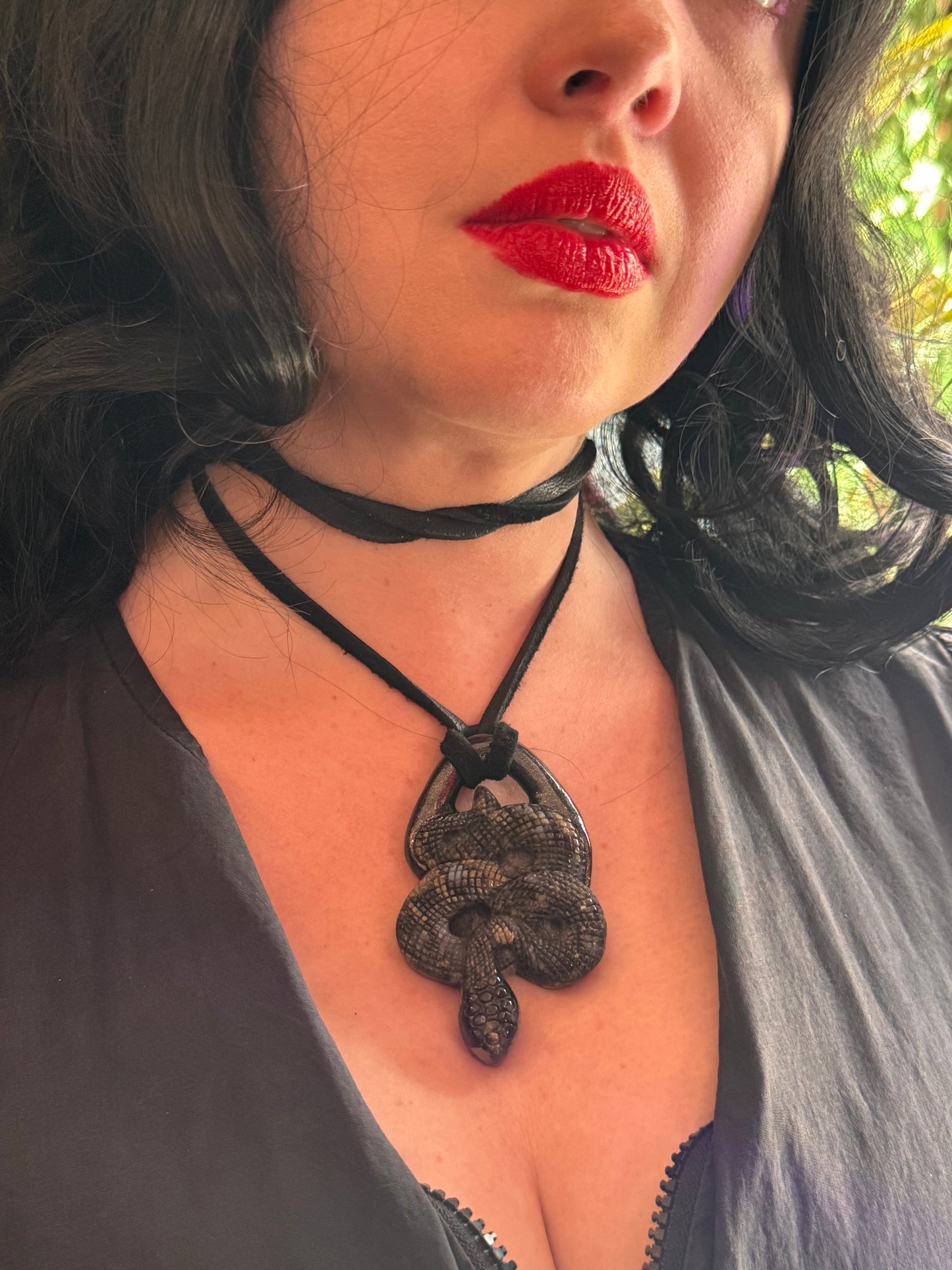 Que Sera Snake Talisman on Natural Black Leather Necklace  | Handmade, Lightweight, Allergen-Friendly